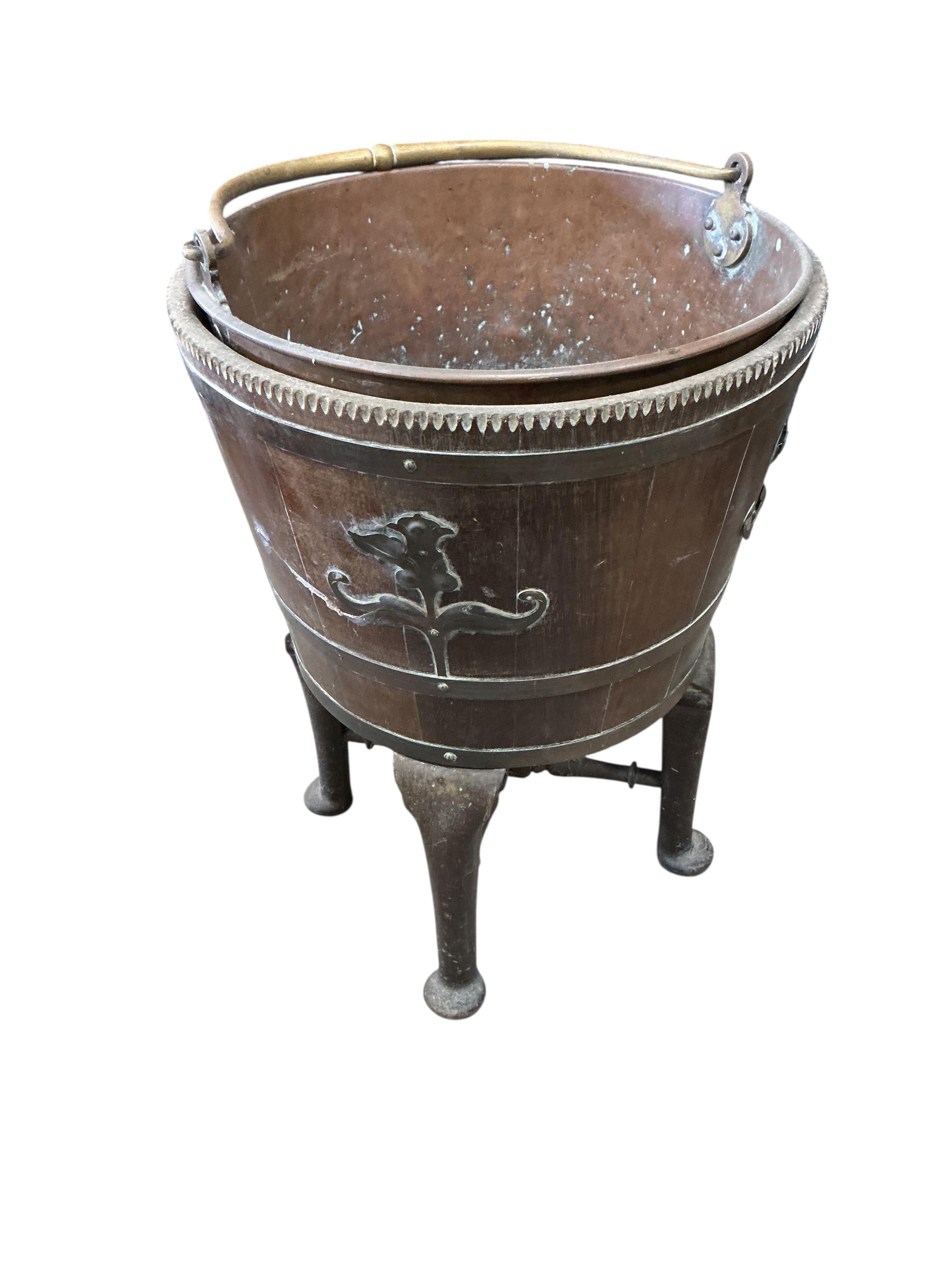 A domed toleware coal bin applied royal crest, width 54cm together with a staved mahogany coal bucket and liner and a copper and brass lidded pail